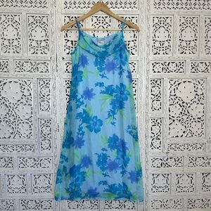 Vtg Blue & Green Floral Flowy Beachy Midi Dress With Drape Neck Sz XS